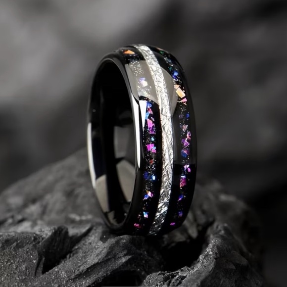 Black Gunmetal Plated Stainless Steel Ring Galaxy Sky Stars Inlay Silver Accent - Picture 5 of 16